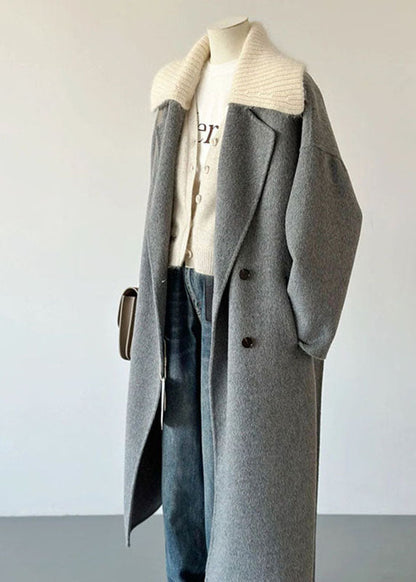 Grey Peter Pan Collar Pockets Knit Patchwork Woolen Long Coats Long Sleeve