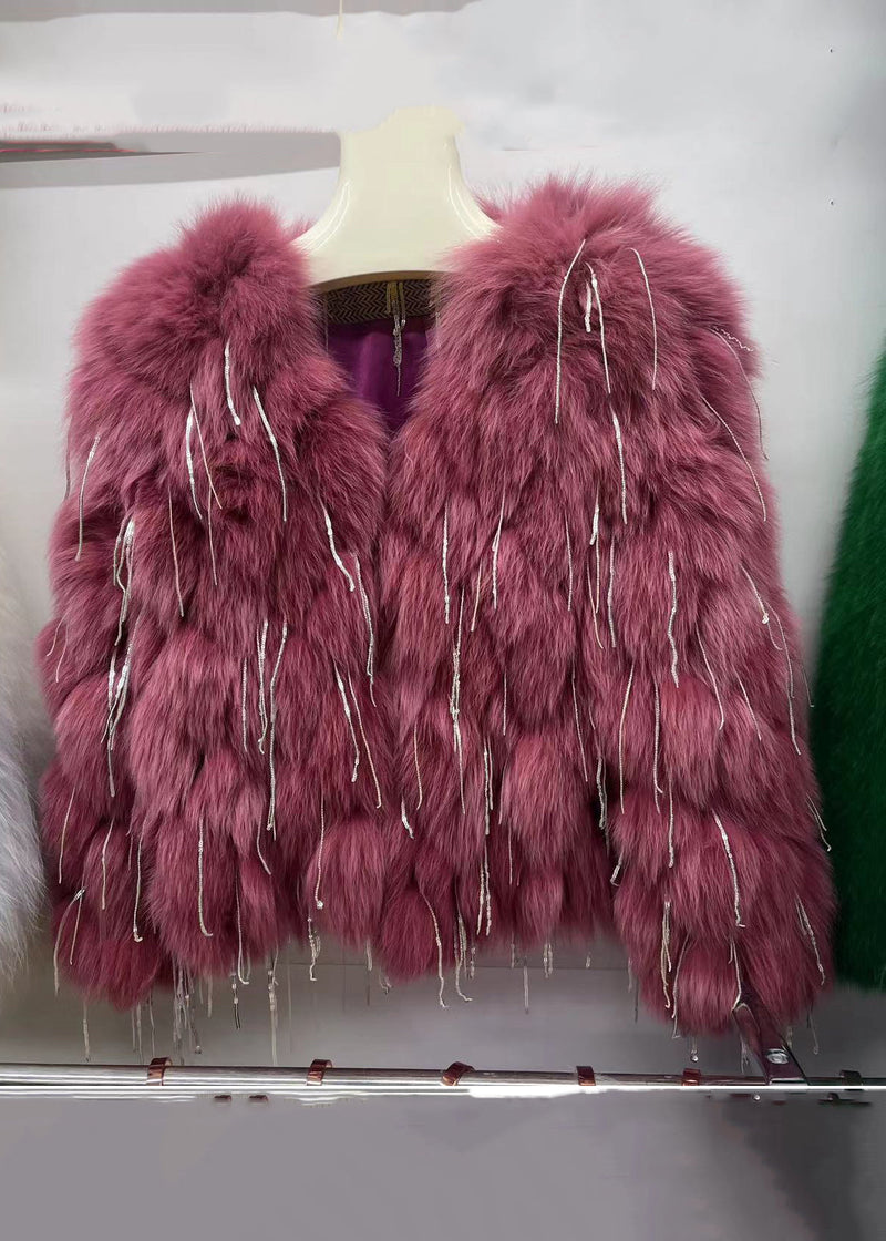 Green Tasseled Original Design Leather and Fur Coats Spring