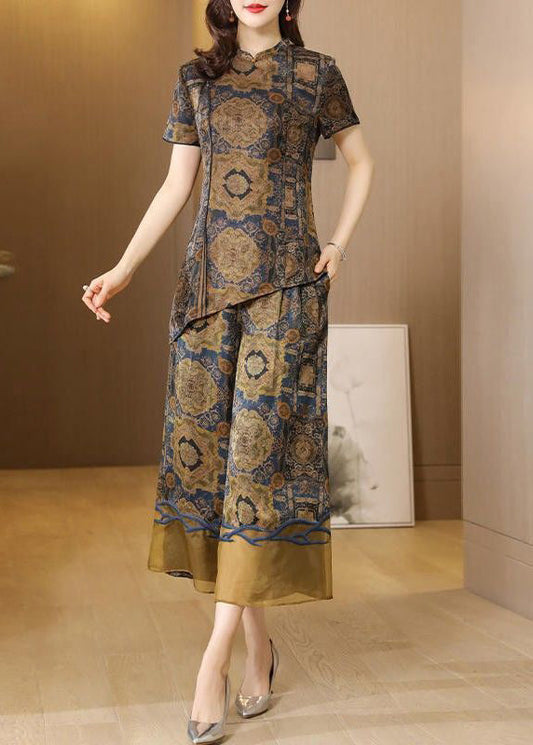Khaki Asymmetrical Design Print Silk Two Pieces Set Summer