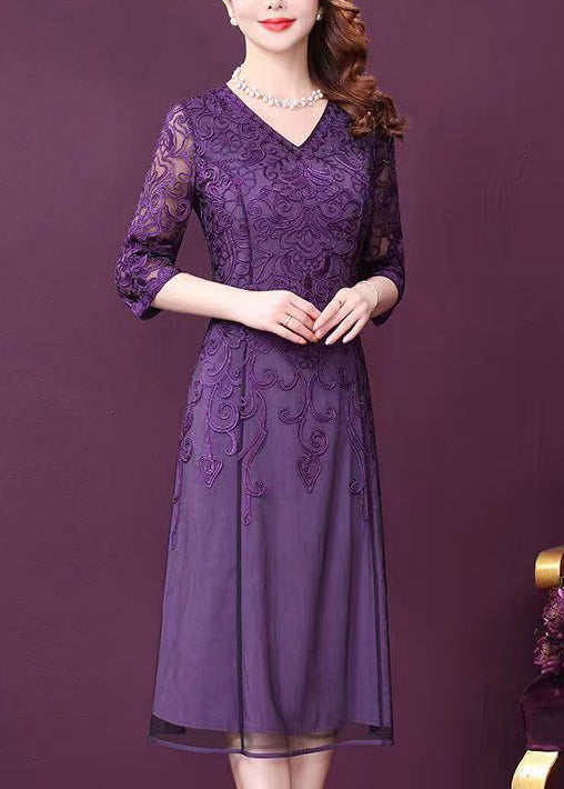 Purple V Neck Lace Patchwork Tulle Dresses Half Sleeve Spring
