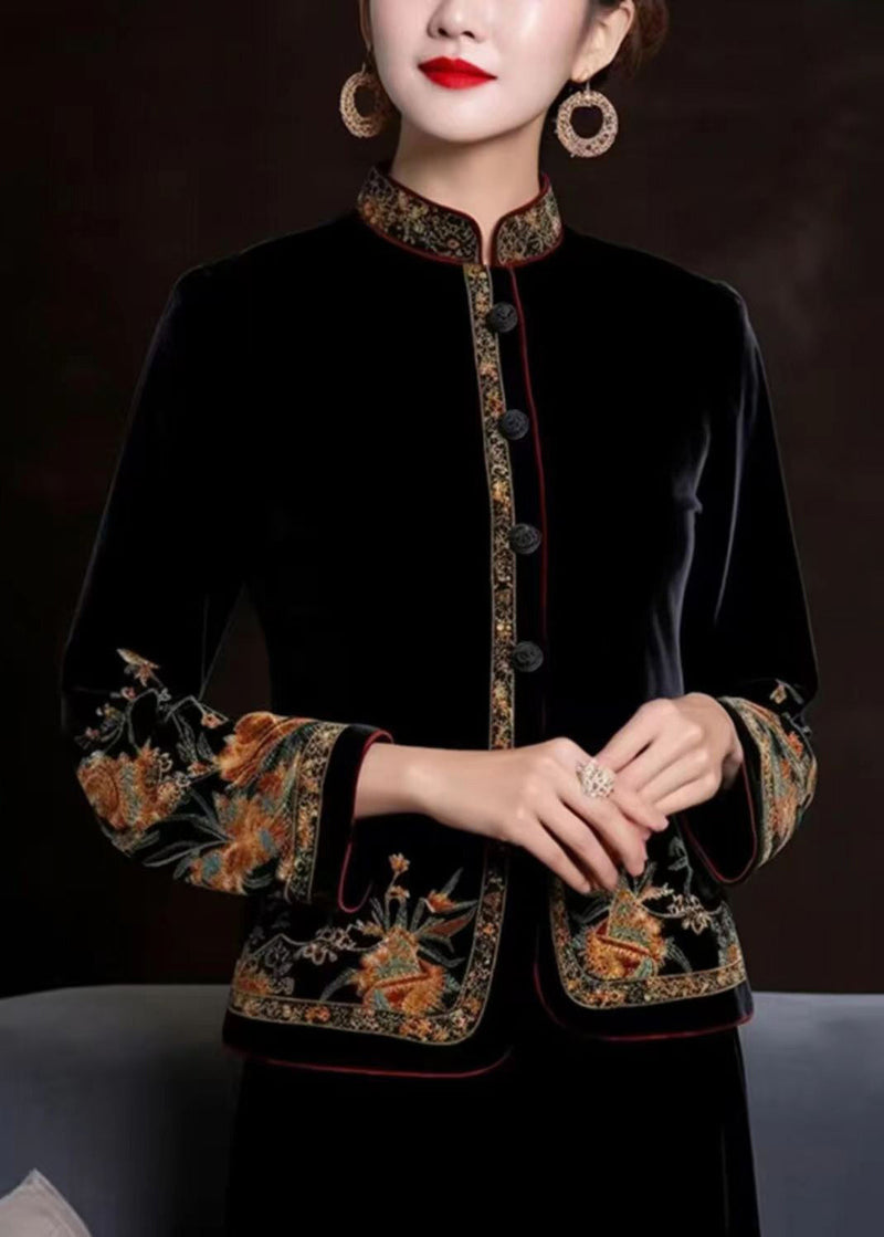 Black Print Button Silk Coats Long Sleeve