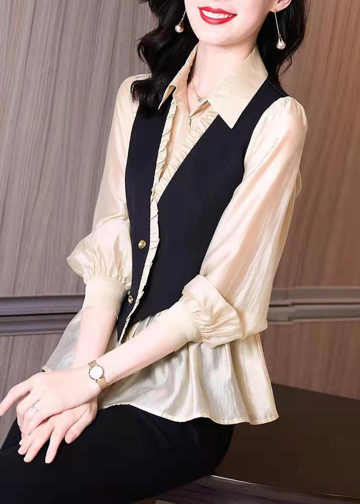 Handmade Stand Collar Ruffled Fake Two Piece Chiffon Shirts Long Sleeve