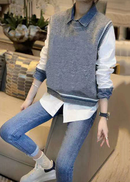 Grey Denim Patchwork Shirt and Vest Autumn New Two-piece Set