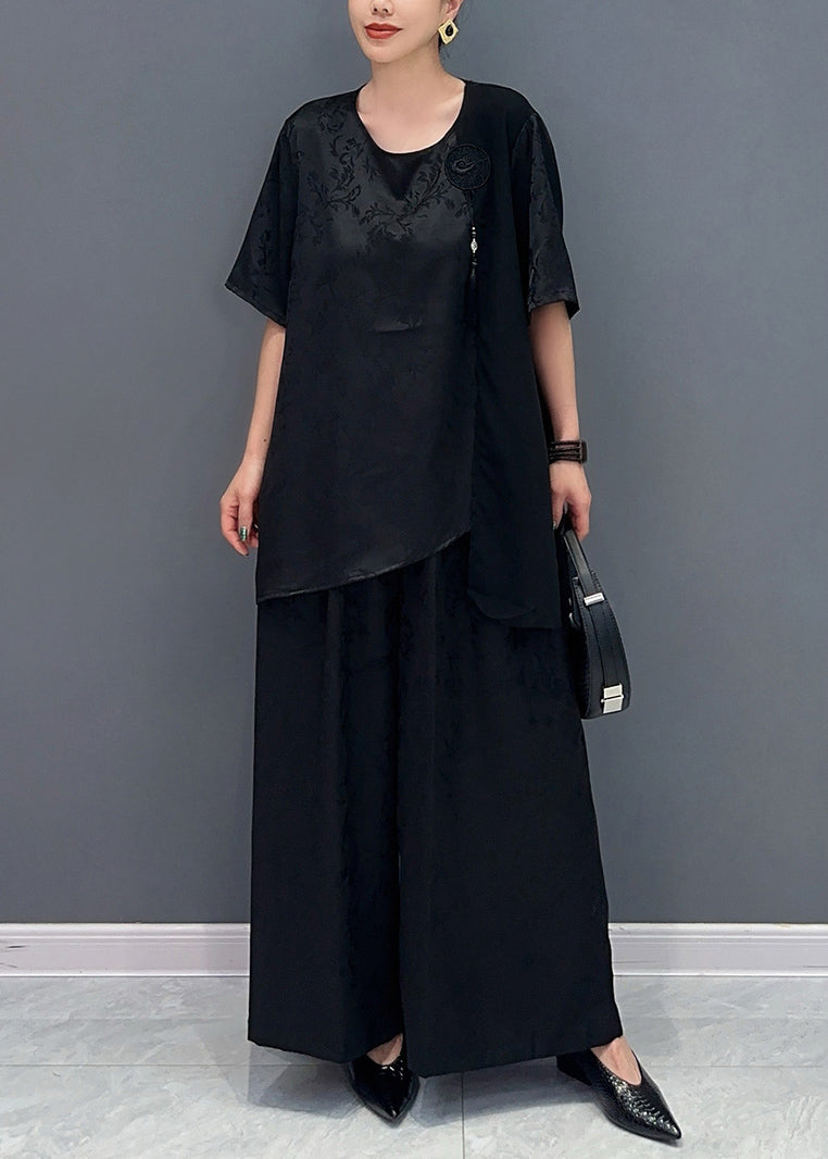 New Chinese Style Silk Jacquard Top and Wide Leg Pants Two Piece Set