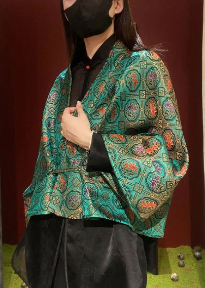 Green V Neck Print Patchwork Silk Two Pieces Set Fall