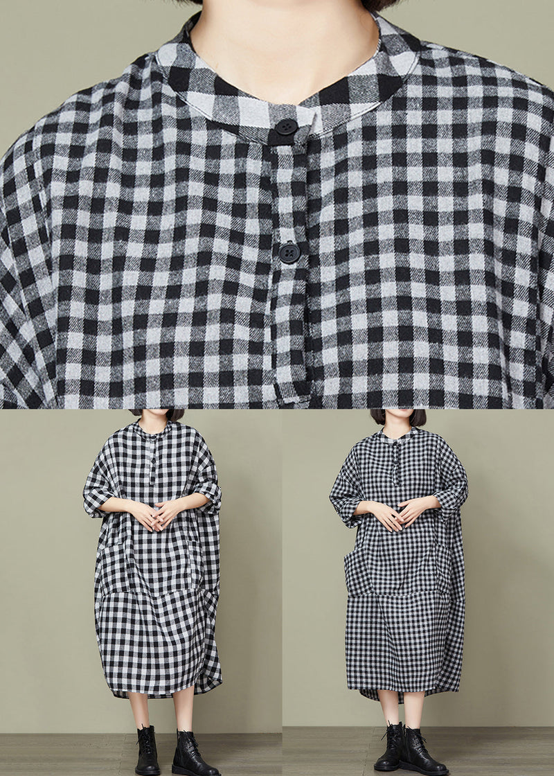 Big Plaid Pockets Patchwork Cotton Long Dresses Fall