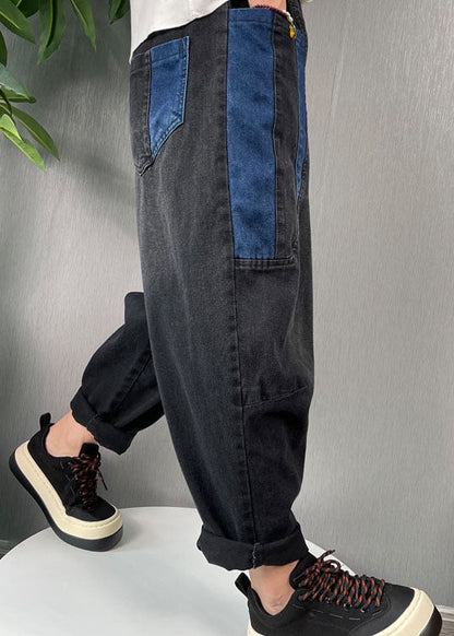 Natural Black Patchwork Denim Harem Pants Spring