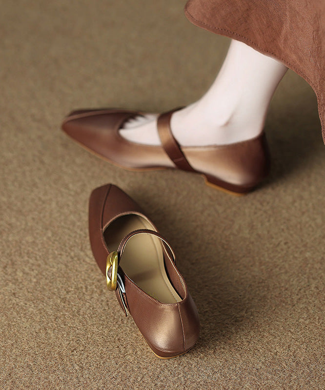 Buckle Strap Splicing Flats Brown Faux Leather
