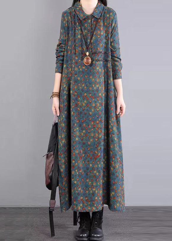 Red Peter Pan Collar Print Patchwork Cotton Long Dress Fall