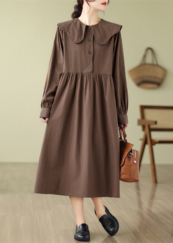 Coffee Wrinkled Button Long Dress Long Sleeve