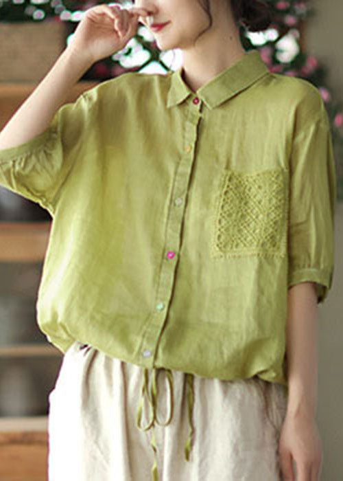 Green Peter Pan Collar Drawstring Button Linen Shirt Top Short Sleeve