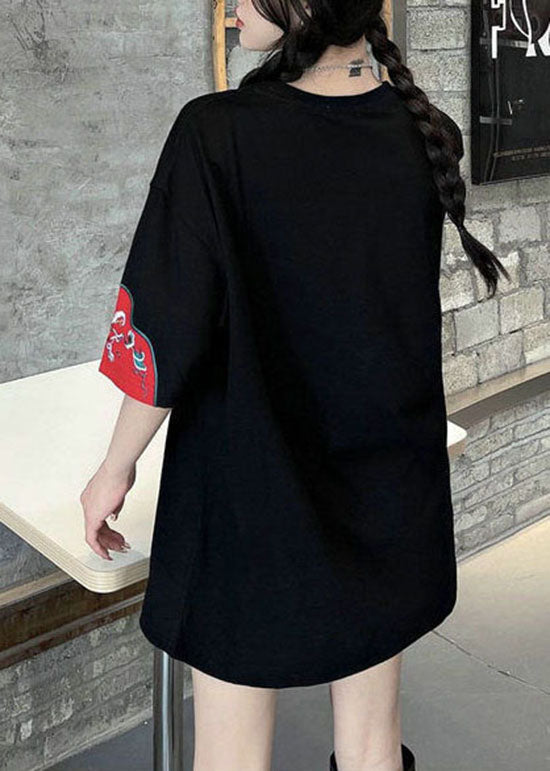 Black Patchwork Loose Tanks O-neck Short Sleeve