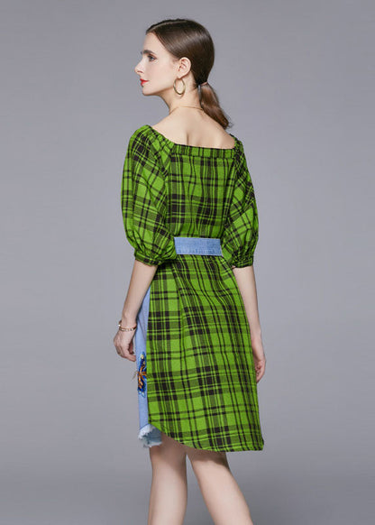 Diy Blue Slash Neck Embroideried Patchwork Cotton Denim Dress Lantern Sleeve