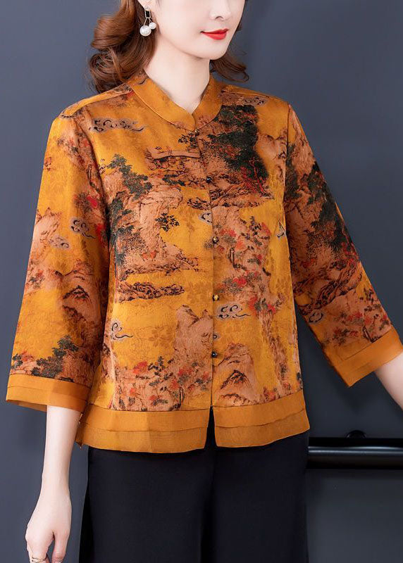 Yellow Stand Collar Print Silk Blouse Tops Bracelet Sleeve