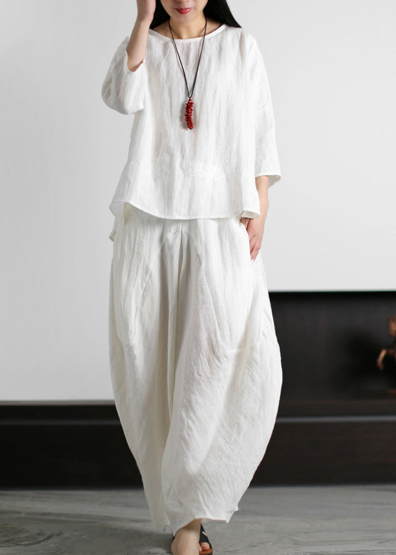 White O-neck Linen Tops and Harm Pants Two Pieces Set Three Quarter Sleeve