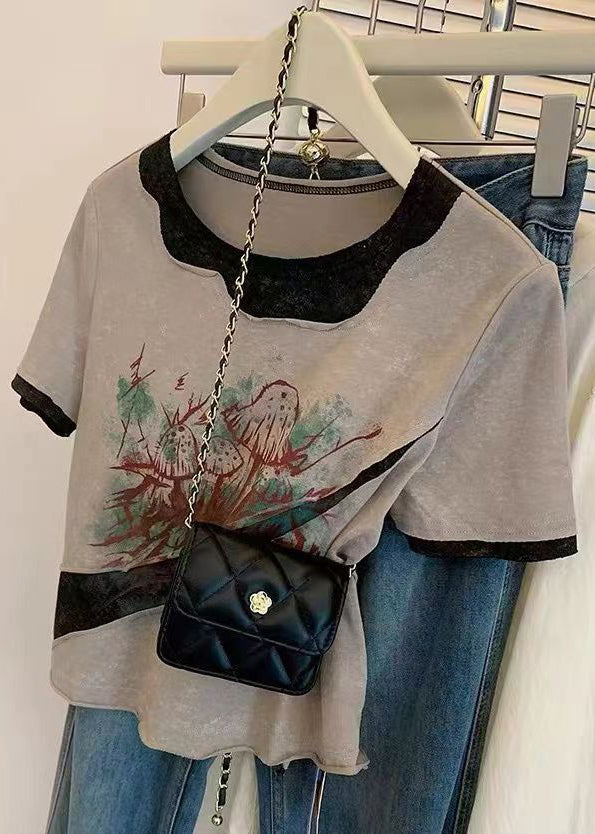 Grey O Neck Print Patchwork Cotton T Shirts Summer