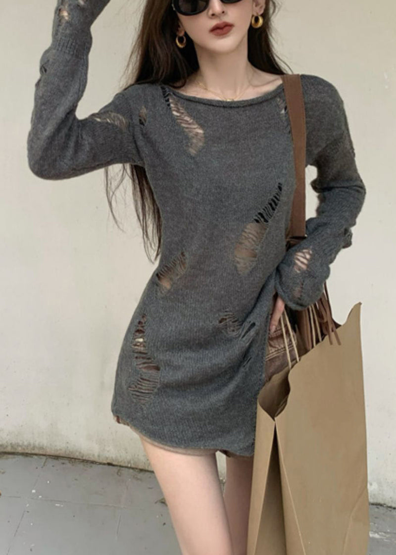 Grey Asymmetrical Hollow Out Knit Sweater Spring