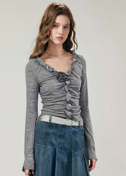 Boutique Blue V Neck Ruffled Cotton T Shirts Top Fall