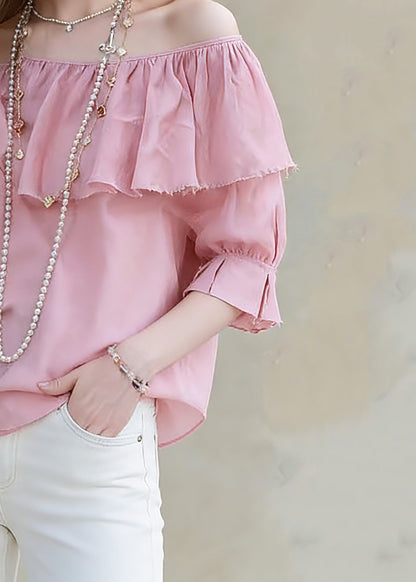 Red Slash Neck Ruffled Patchwork Top Half Sleeve
