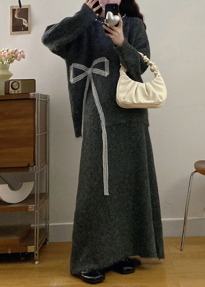 Charcoal Grey Knit Two Piece Set Clothing Oversized Bow Print Winter