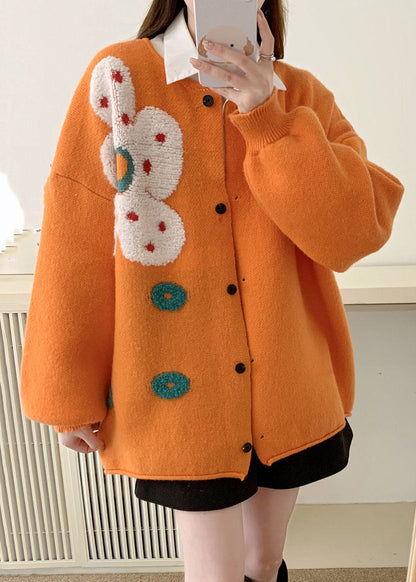 Orange O-neck Sun Cotton Knit Sweaters Coats Long Sleeve