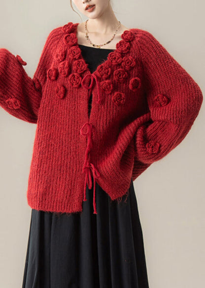 Red Lace Up Knit Loose Cardigan V Neck Spring
