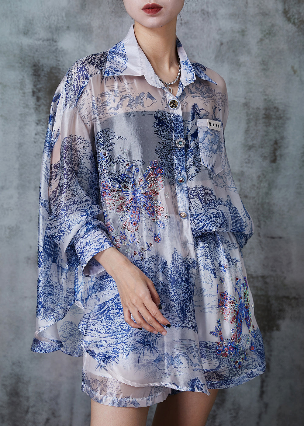 Blue Oversized Print Silk Upf 50+ Two Pieces Set Summer