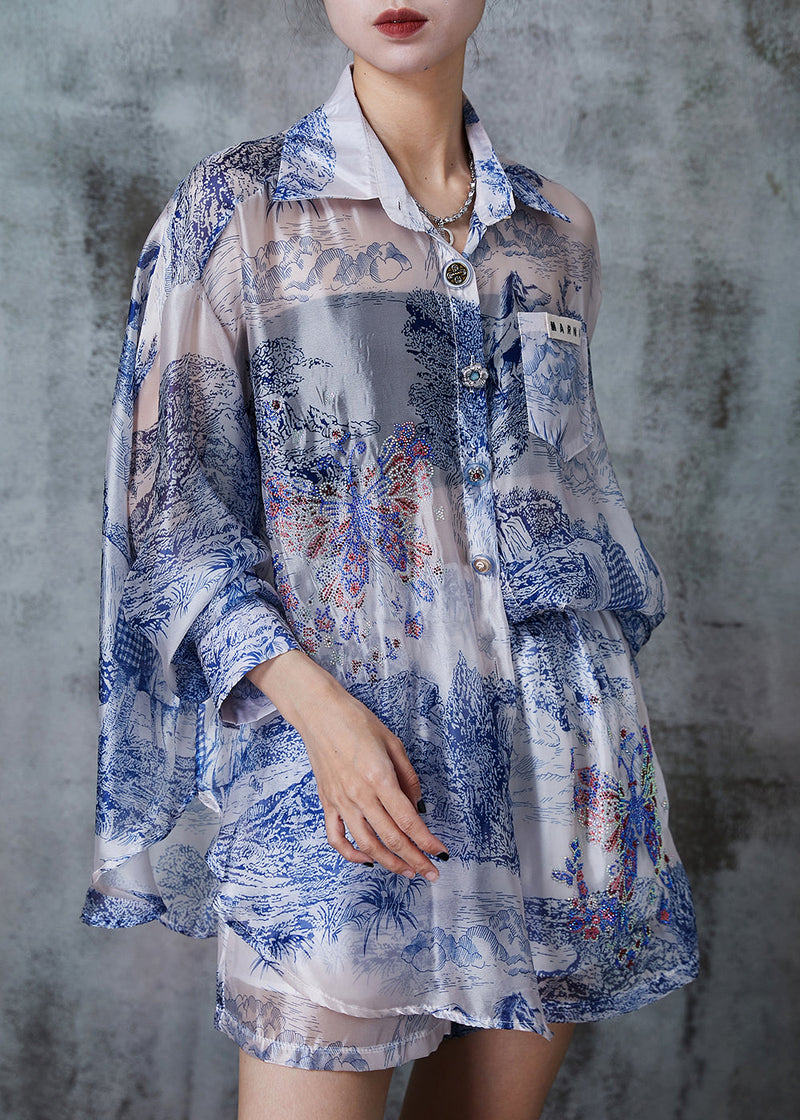 Blue Oversized Print Silk Upf 50+ Two Pieces Set Summer
