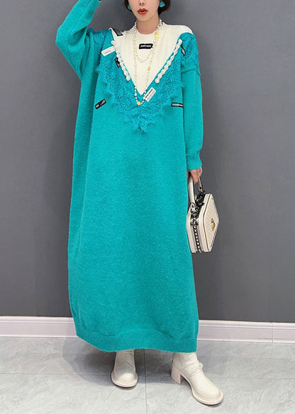 Blue O-neck Oversized Lace Patchwork Knit Long Sweater Spring