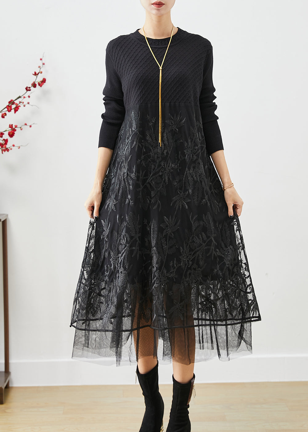 Black Embroideried Tulle Patchwork Knit Long Dress Fall