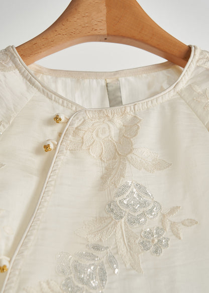 Loose White Embroidered Sequins Silk Shirt Top Bracelet Sleeve