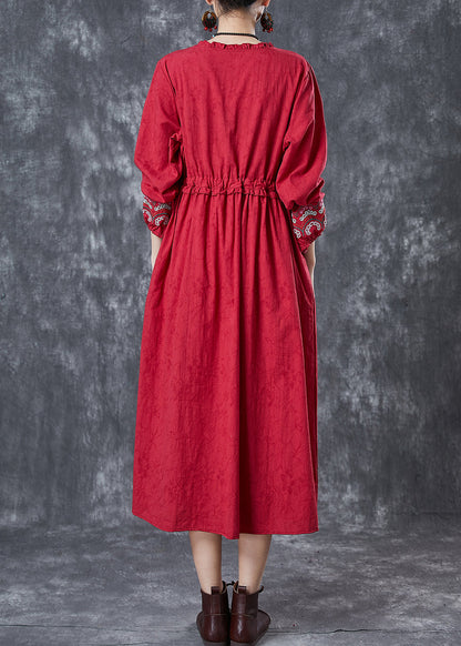 Red Embroidered Jacquard Cotton Cinched Dresses Fall