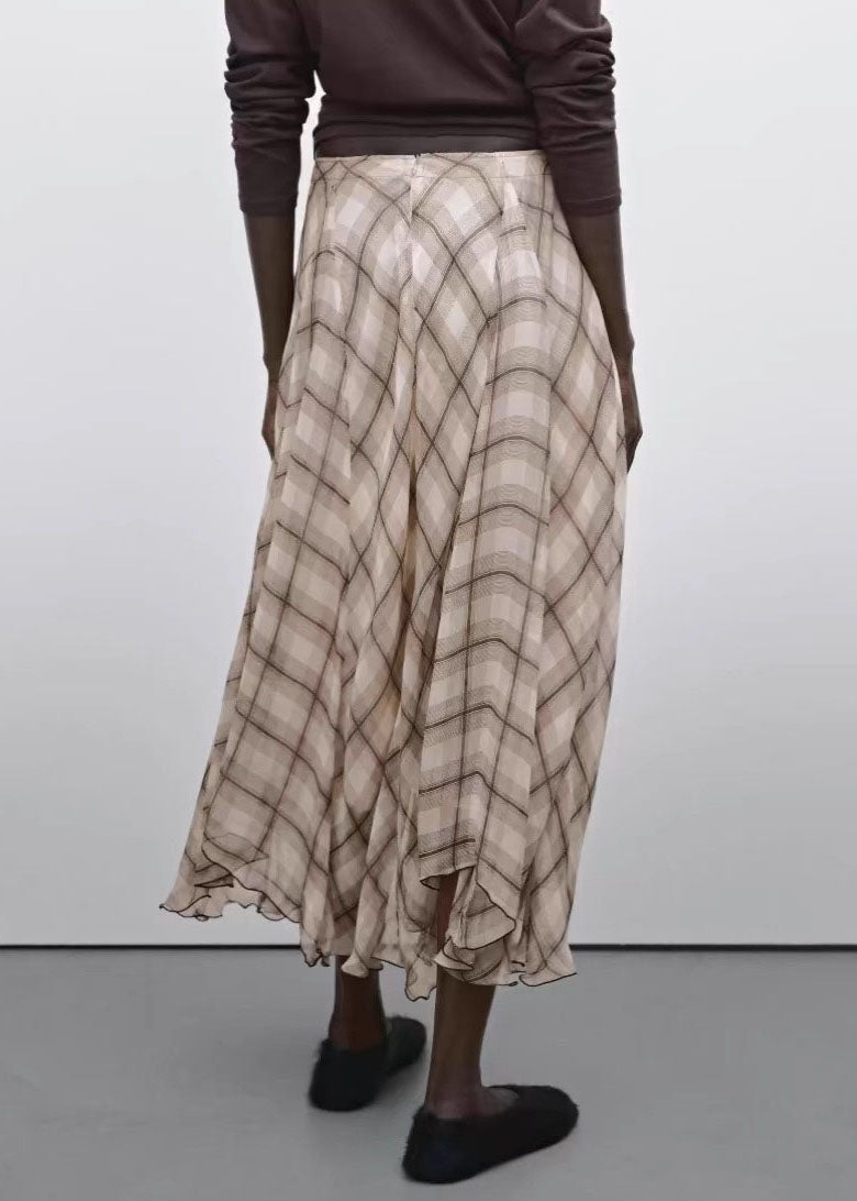 Brown Plaid High Waist Maxi Skirts Fall