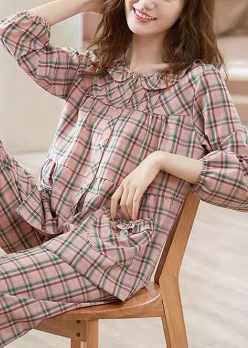 Loose Pink Plaid Pockets Shirts and Pants Cotton Pajamas Two Pieces Set Fall