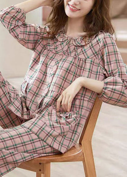 Loose Pink Plaid Pockets Shirts and Pants Cotton Pajamas Two Pieces Set Fall