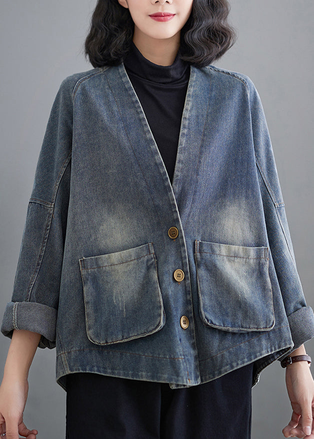 Blue Oversized Pockets Denim Coat Outwear Spring