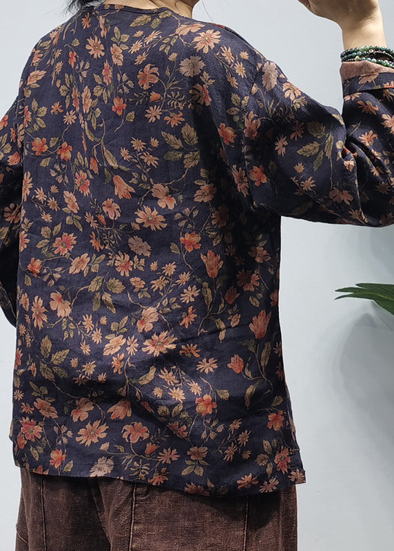 Retro Black O-neck Print Linen Shirt Tops Long Sleeve