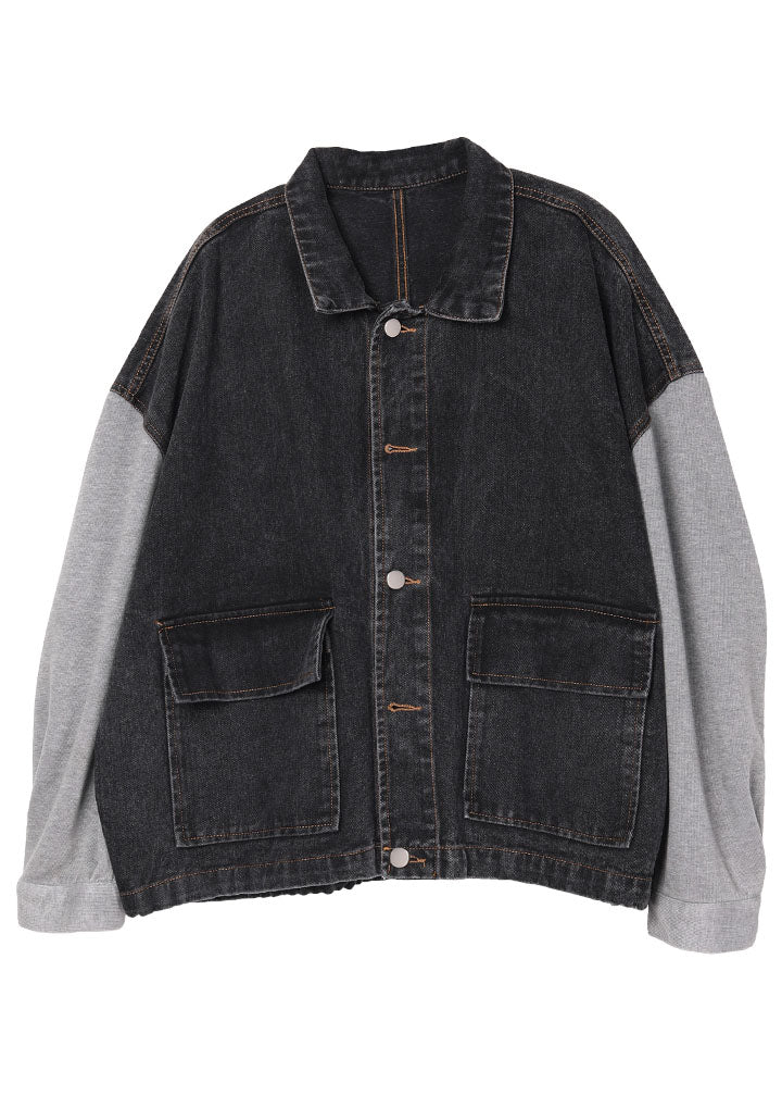 Black Patchwork Pockets Fall Denim Jackets Long Sleeve