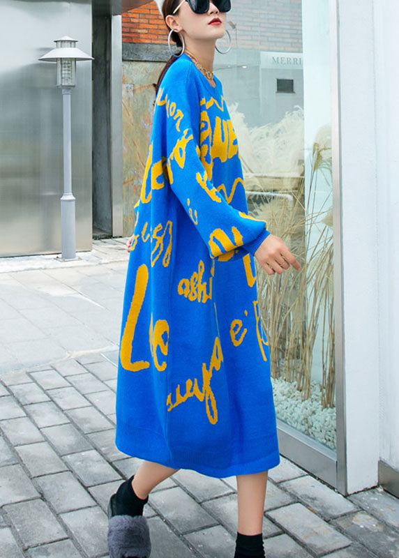 French Blue Loose O-neck Knit Fall Sweater Dress