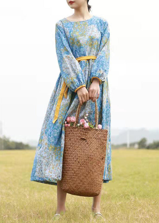 Blue O-neck Tie Waist Cinched Print Long Dresses Long Sleeve