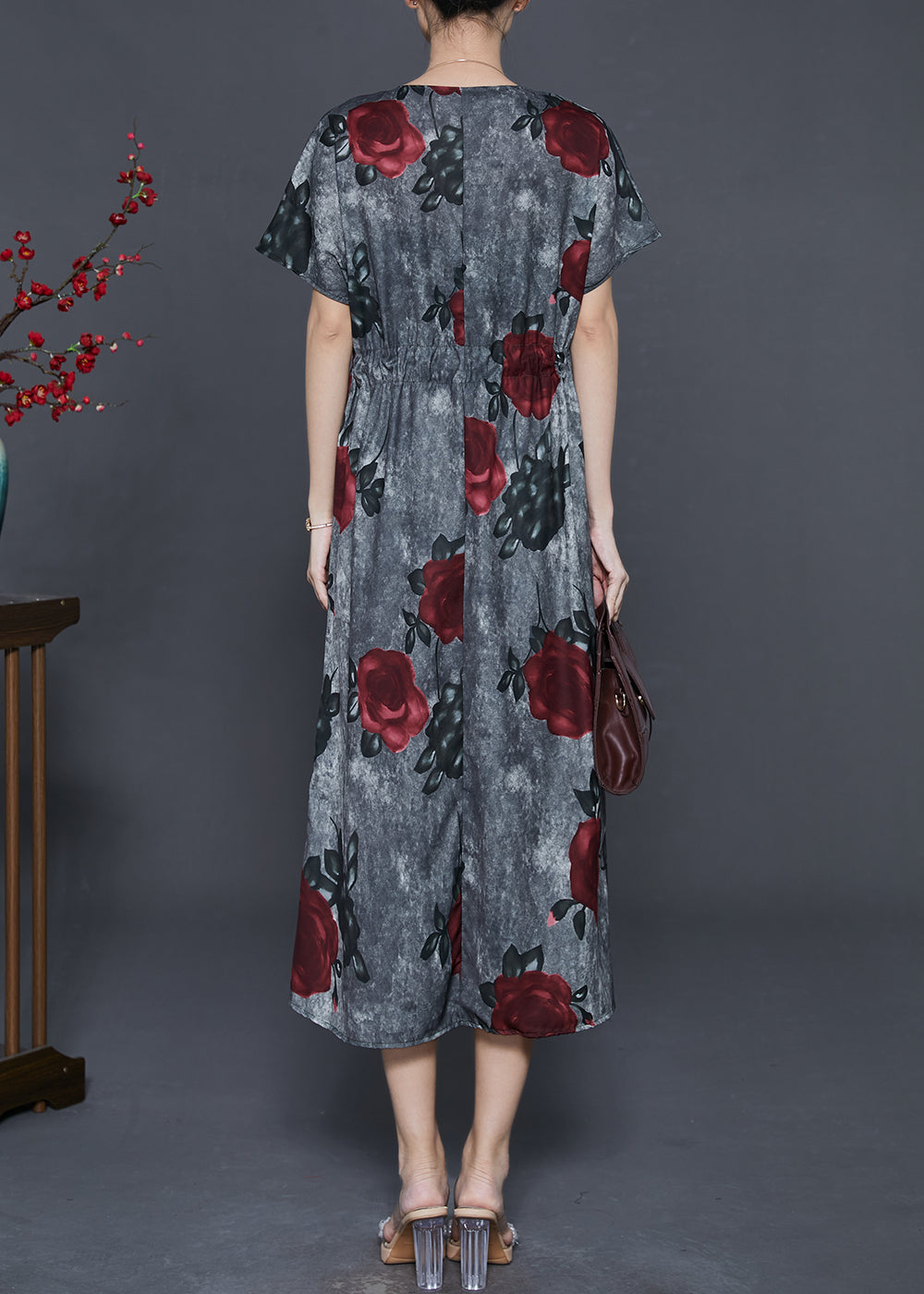 French Grey Cinched Cotton Long Dress Summer