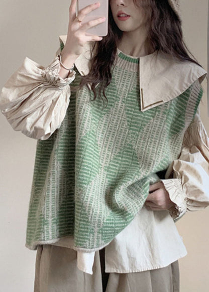 Loose Green Plaid Print Knit Waistcoat and Shirts Two Pieces Set Fall