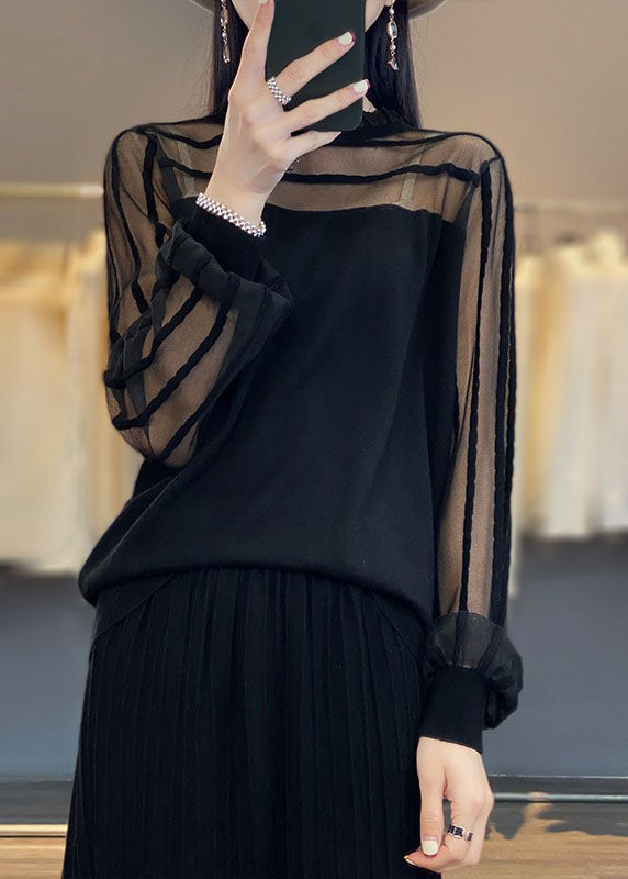Unique Grey O-neck Ruffled Tulle Patchwork Woolen Top Long Sleeve
