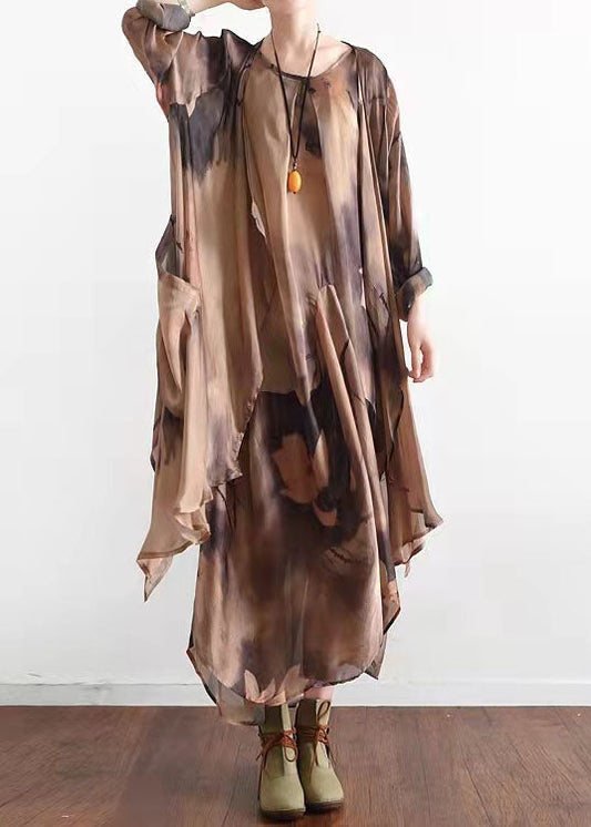 Khaki Asymmetrical Print Silk Cardigans and Dress Two Piece Suit Set Summer
