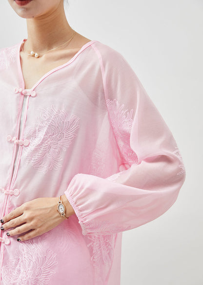 Pink Embroideried Chinese Button Linen Silk 2 Piece Outfit Summer