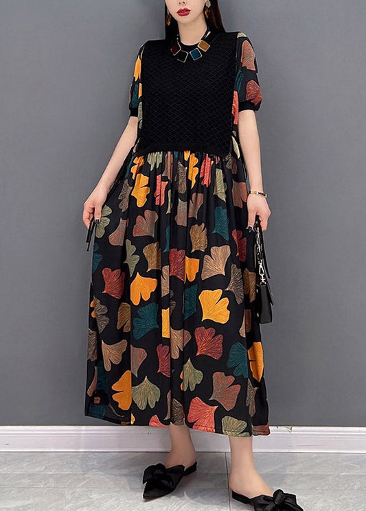 Colour O-neck Print Pleated Dress Short Sleeve