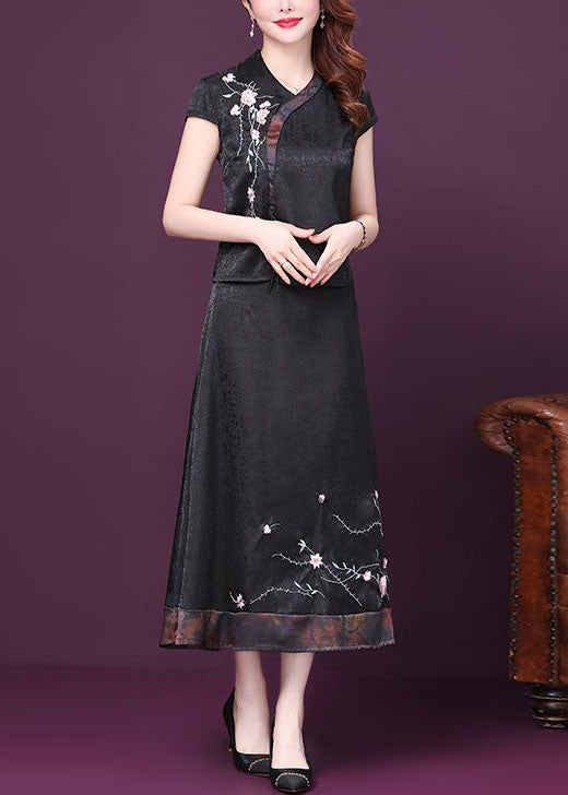 Italian Black Embroideried Patchwork Tops and Skirts Silk Two-piece Summer