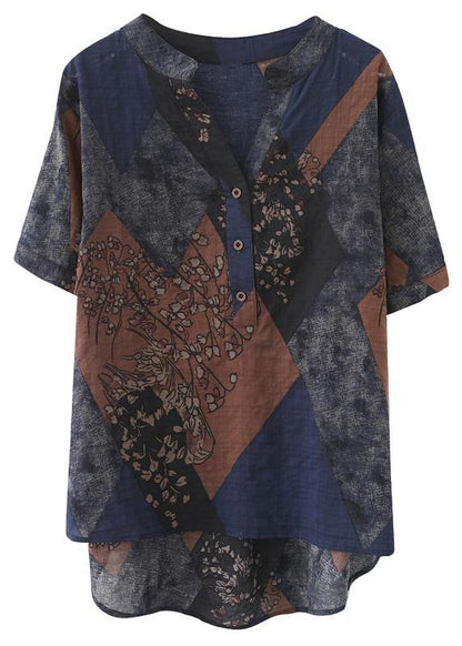 Blue Yellow V Neck Cotton Linen Blouse Tops Summer