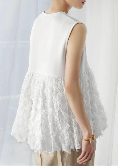 White Tasseled Patchwork Cotton Tops Sleeveless