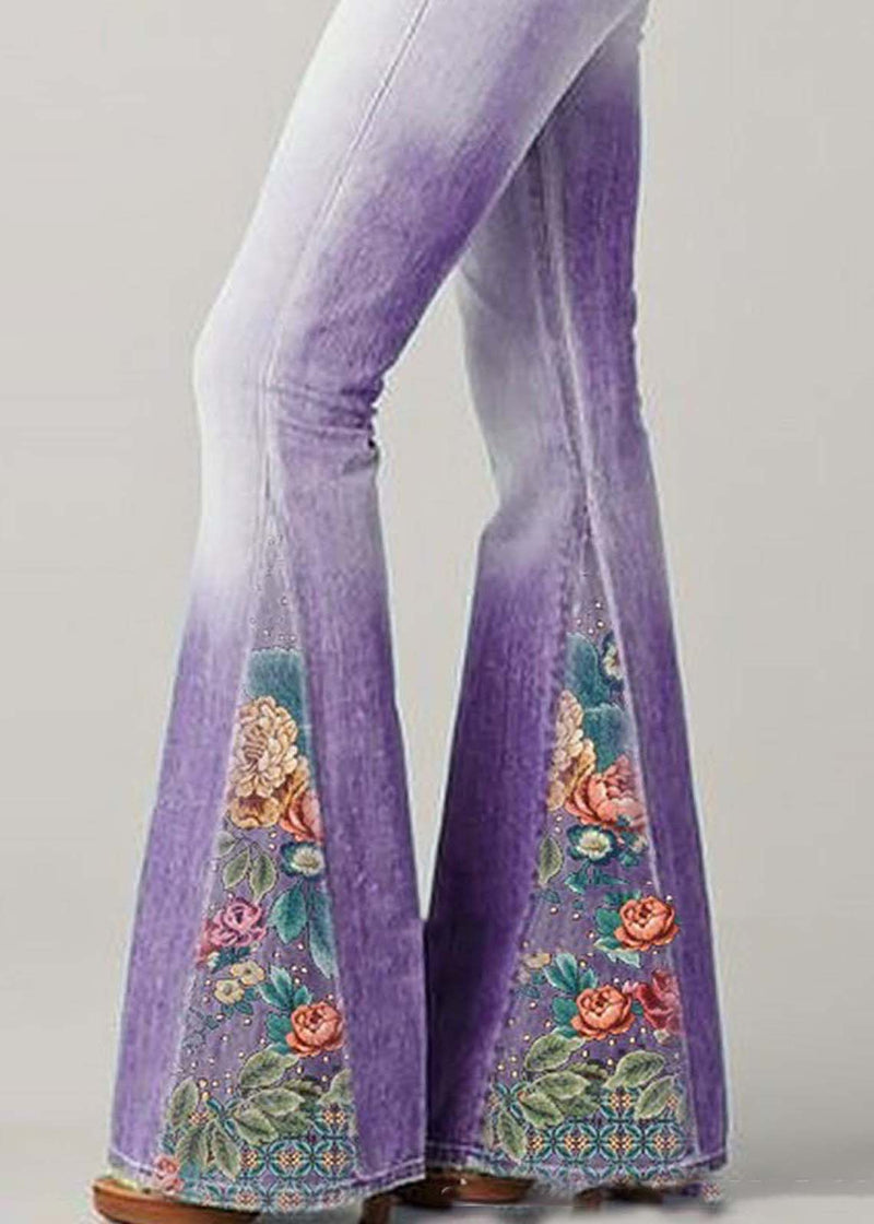 Blue High Waist Patchwork Print Denim Flare Bottoms Summer
